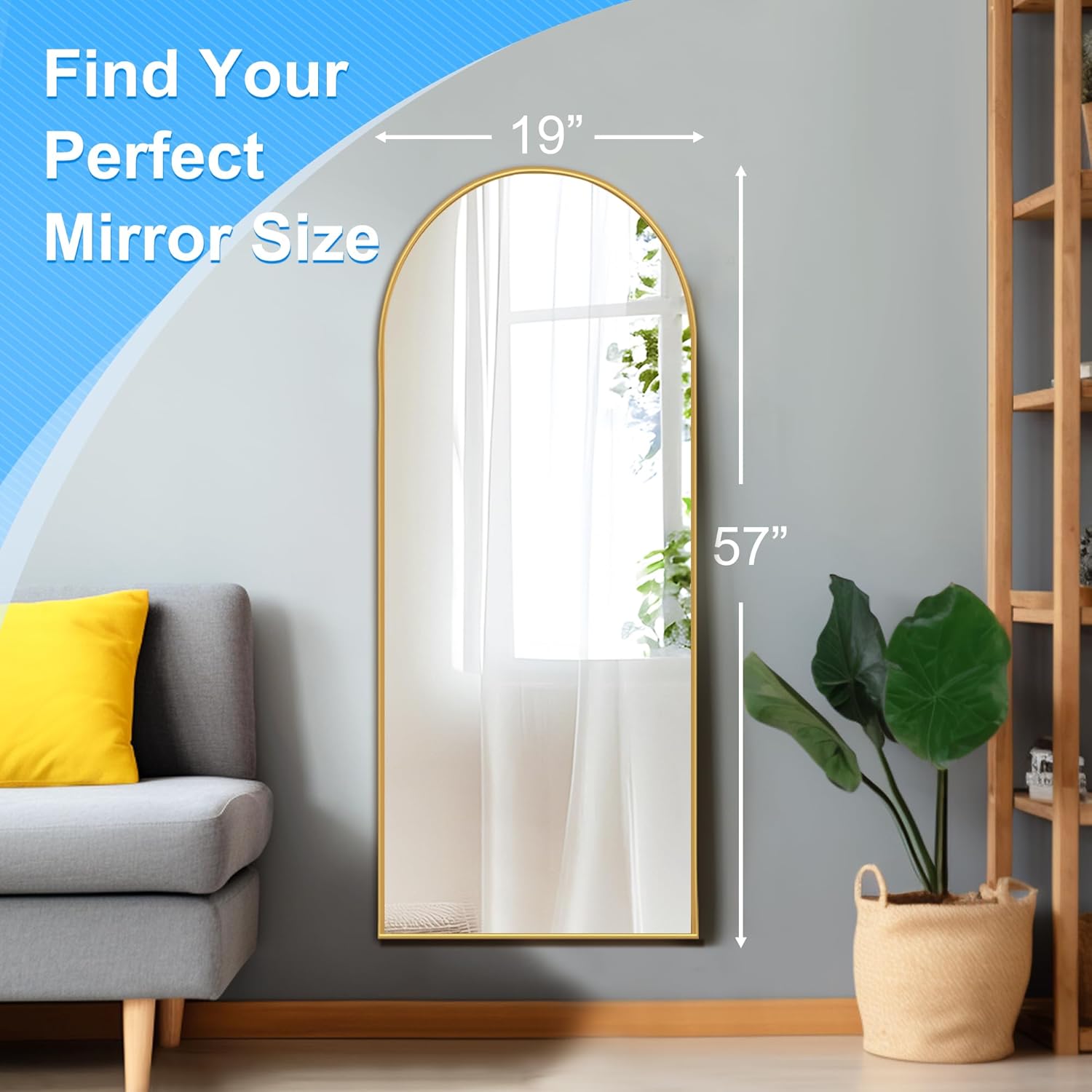 57"x19" Arched Full Length Mirror with Stand, Gold Mirror Full Length Aluminum Alloy Thin Frame Full Body Mirror, Free Standing, Hang or Lean Against Wall - Image 3