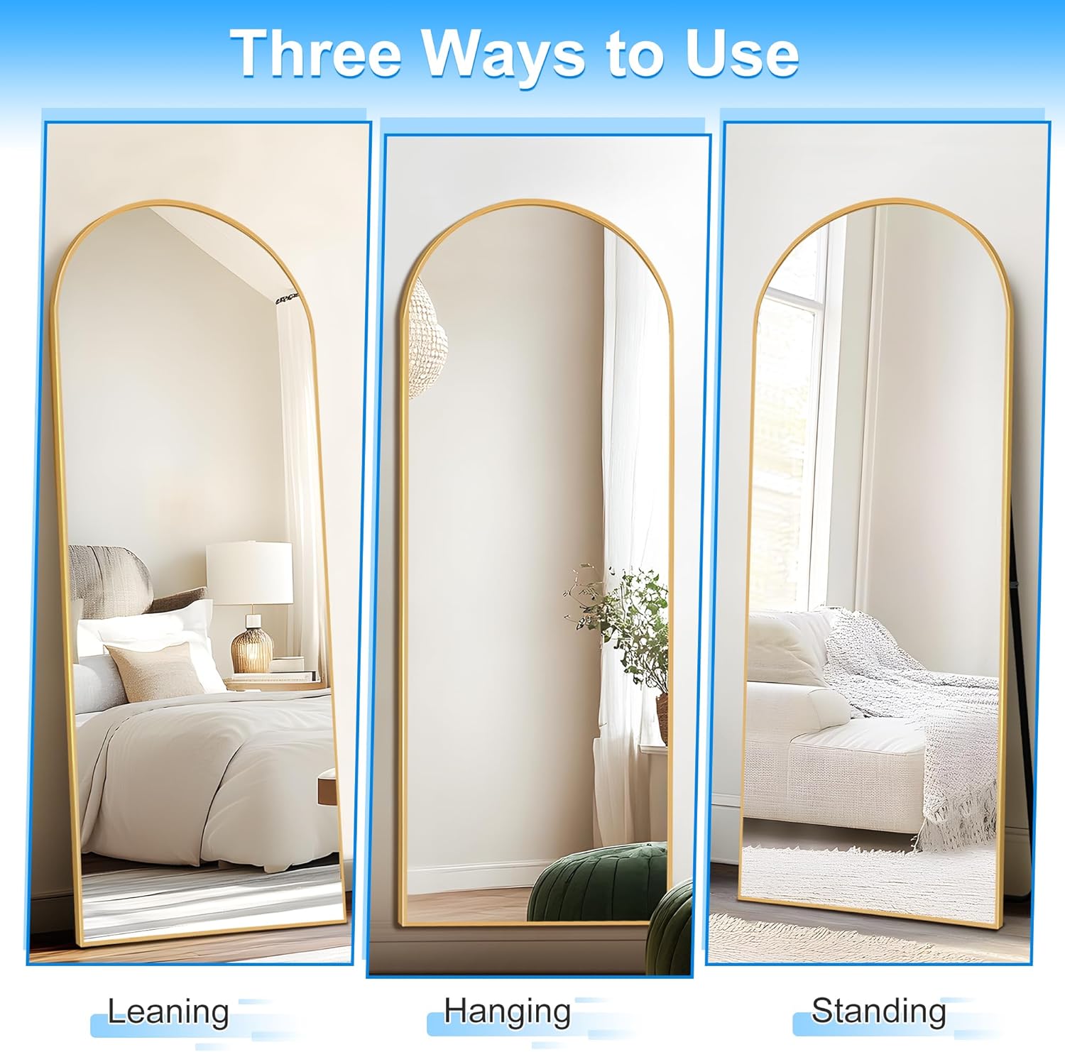 57"x19" Arched Full Length Mirror with Stand, Gold Mirror Full Length Aluminum Alloy Thin Frame Full Body Mirror, Free Standing, Hang or Lean Against Wall - Image 6