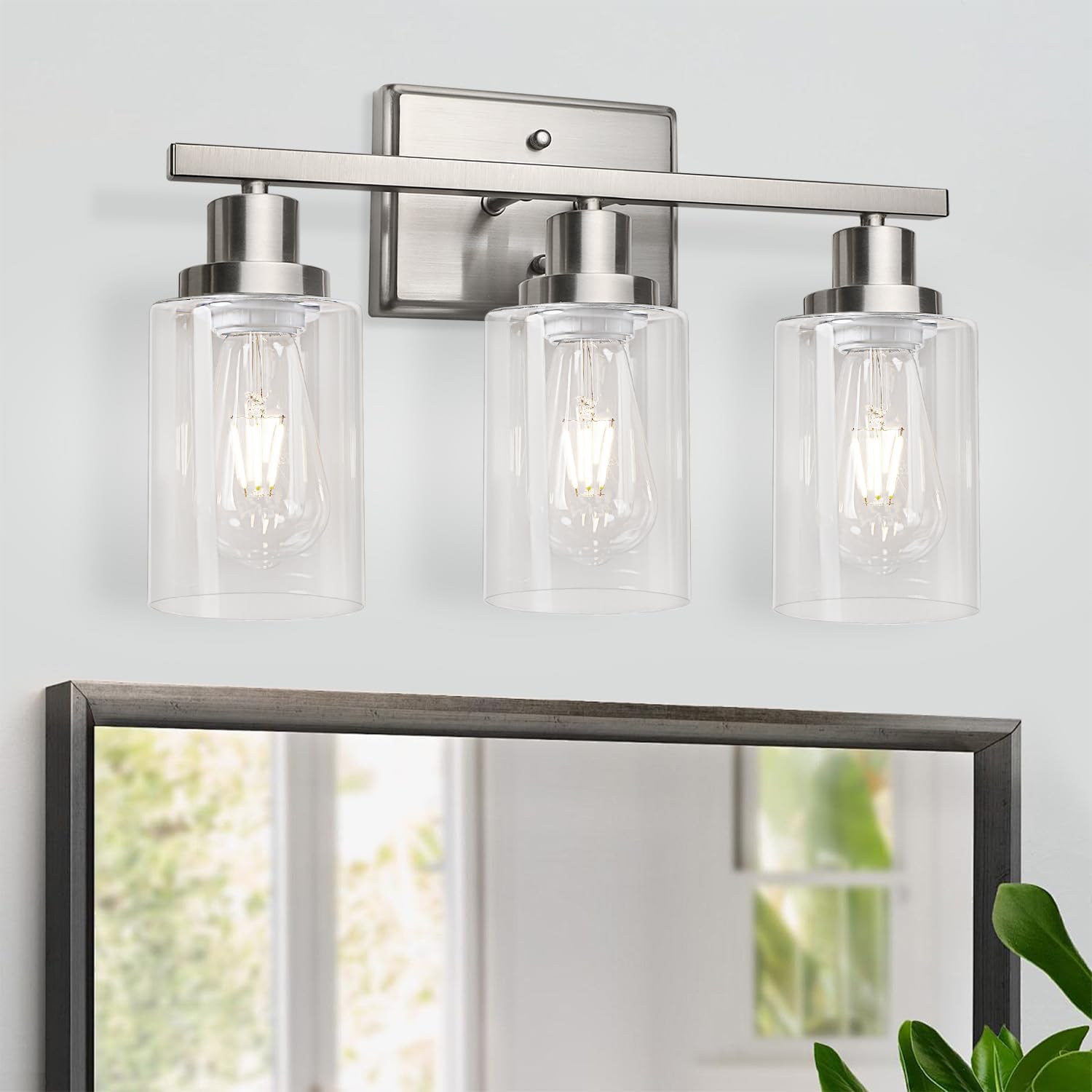Ascher Bathroom Vanity Light Fixtures, 3 Light Wall Sconces Lighting with Clear Glass Shade, Brushed Nickel Wall Lights for Mirror, Kitchen, Living Room, Gallery, E26 Base (Bulbs Not Included) - Image 2