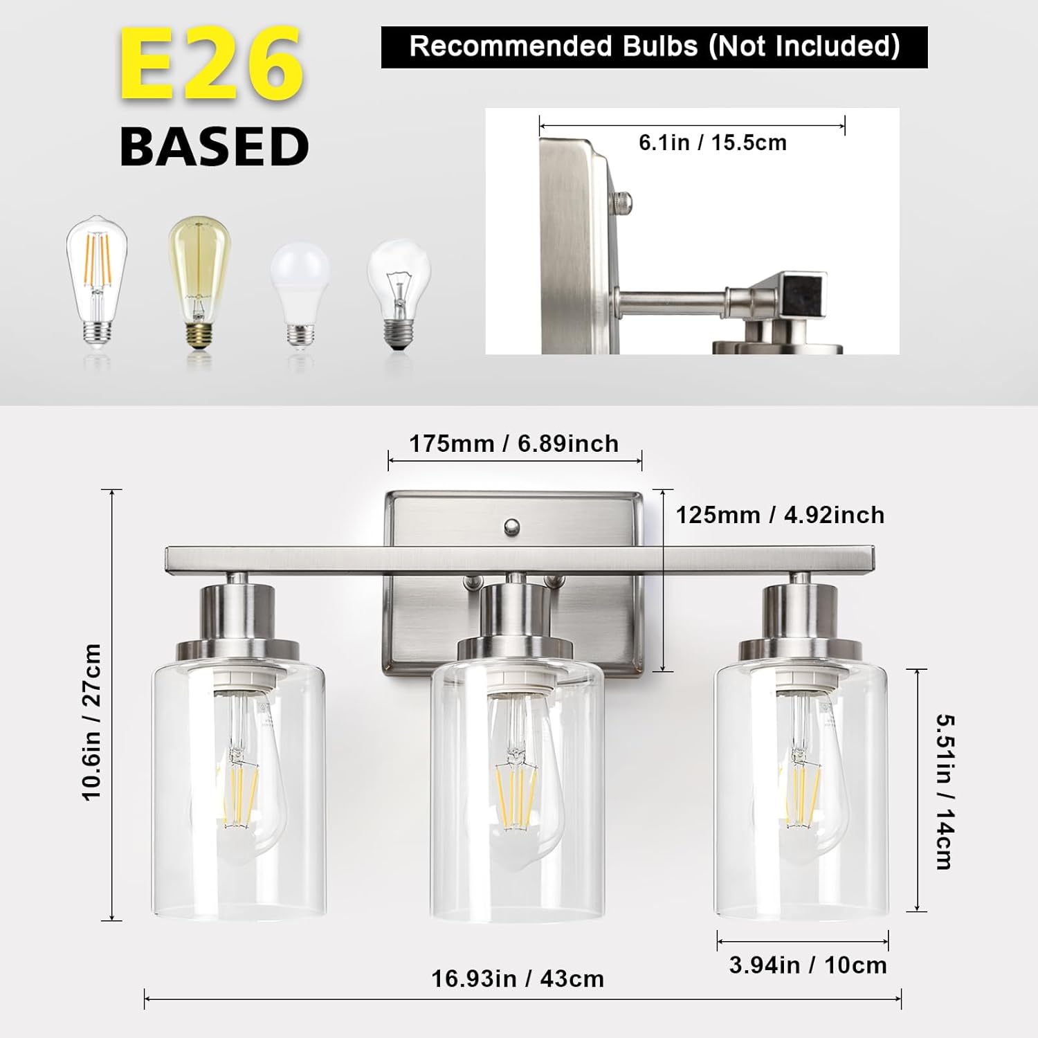 Ascher Bathroom Vanity Light Fixtures, 3 Light Wall Sconces Lighting with Clear Glass Shade, Brushed Nickel Wall Lights for Mirror, Kitchen, Living Room, Gallery, E26 Base (Bulbs Not Included) - Image 5
