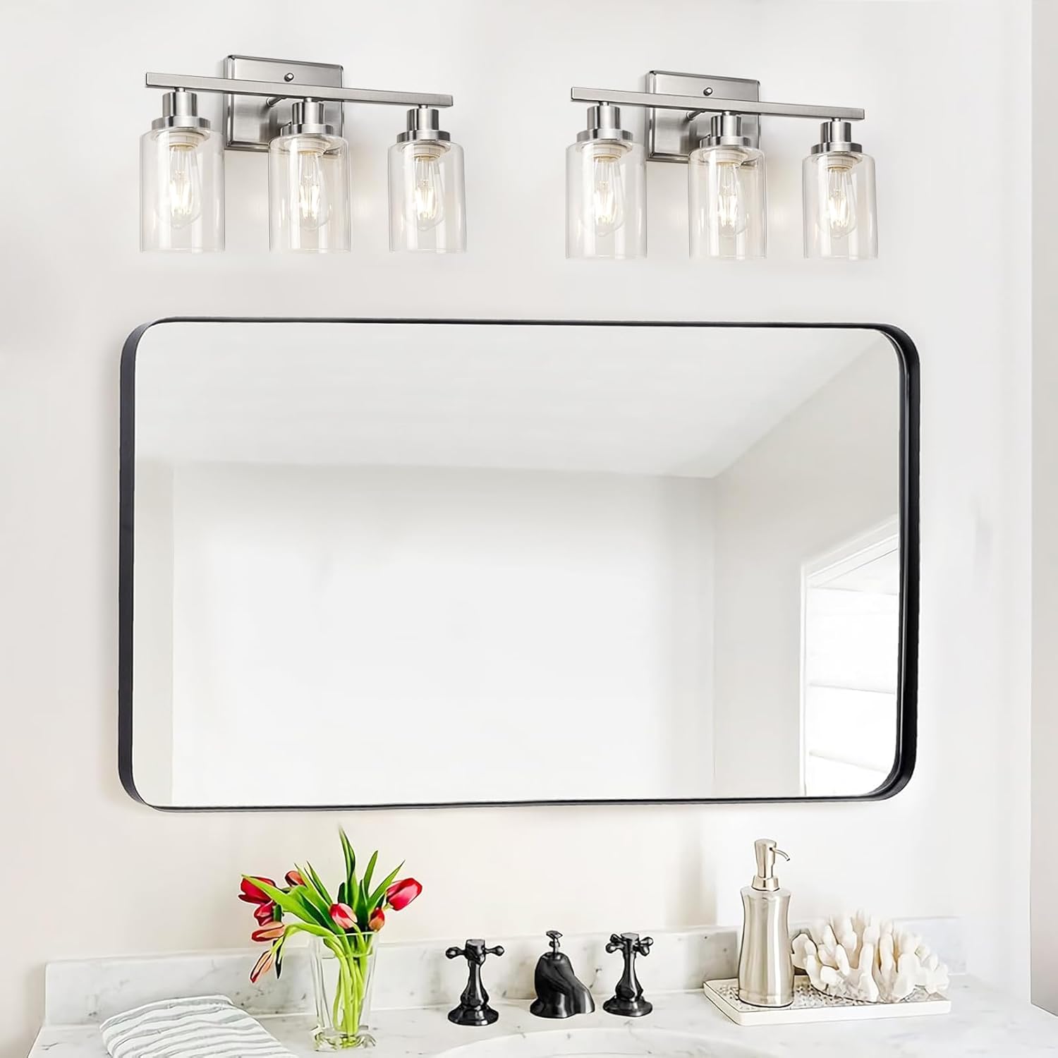 Ascher Bathroom Vanity Light Fixtures, 3 Light Wall Sconces Lighting with Clear Glass Shade, Brushed Nickel Wall Lights for Mirror, Kitchen, Living Room, Gallery, E26 Base (Bulbs Not Included) - Image 7
