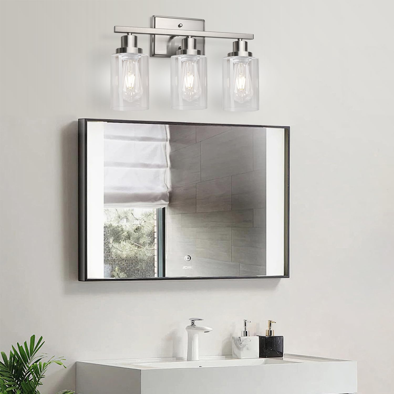 Ascher Bathroom Vanity Light Fixtures, 3 Light Wall Sconces Lighting with Clear Glass Shade, Brushed Nickel Wall Lights for Mirror, Kitchen, Living Room, Gallery, E26 Base (Bulbs Not Included) - Image 9