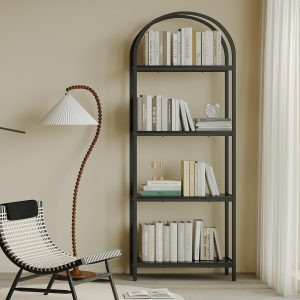 Bookshelf Arched Bookcase, Industrial Curved Metal Book Shelves, 72" Tall Freestanding Open Storage Shelf Display Rack for Living Room Home Office, Black, 4-Tier