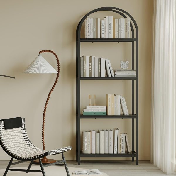 Bookshelf Arched Bookcase, Industrial Curved Metal Book Shelves, 72" Tall Freestanding Open Storage Shelf Display Rack for Living Room Home Office, Black, 4-Tier