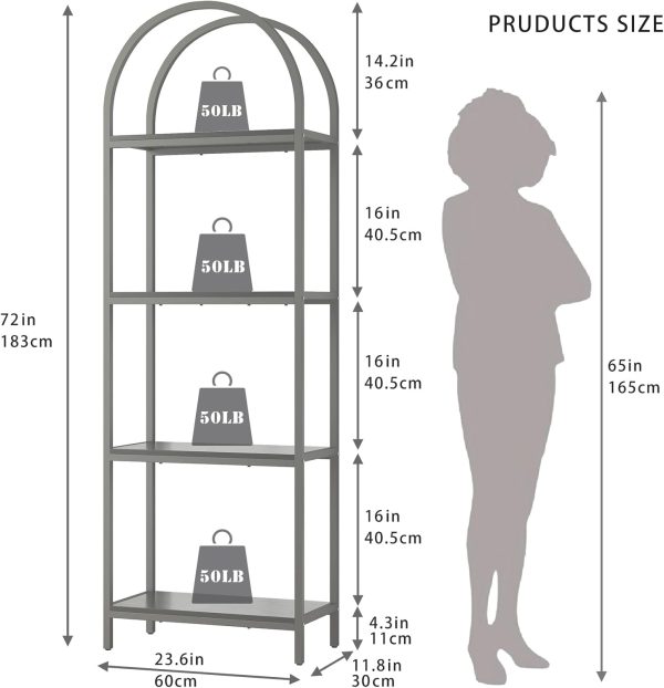 Bookshelf Arched Bookcase, Industrial Curved Metal Book Shelves, 72" Tall Freestanding Open Storage Shelf Display Rack for Living Room Home Office, Black, 4-Tier - Image 2