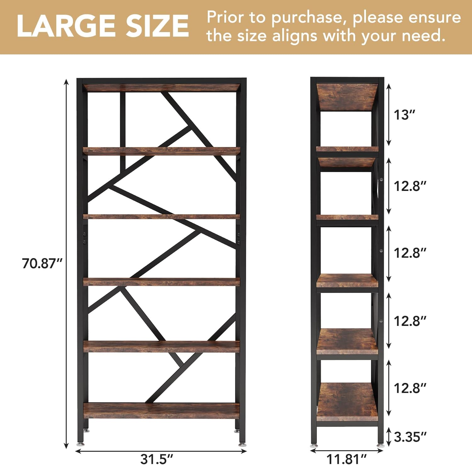 Tribesigns 71 Inch Industrial Bookshelf, 6 Shelf Etagere Bookcase, Free Standing Open Book Shelves Storage Display Shelf, Wood Shelving Units Organizer Rack for Bedroom Home Office Living Room - Image 2