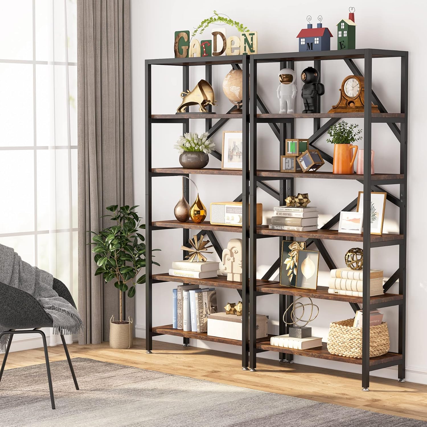Tribesigns 71 Inch Industrial Bookshelf, 6 Shelf Etagere Bookcase, Free Standing Open Book Shelves Storage Display Shelf, Wood Shelving Units Organizer Rack for Bedroom Home Office Living Room - Image 3