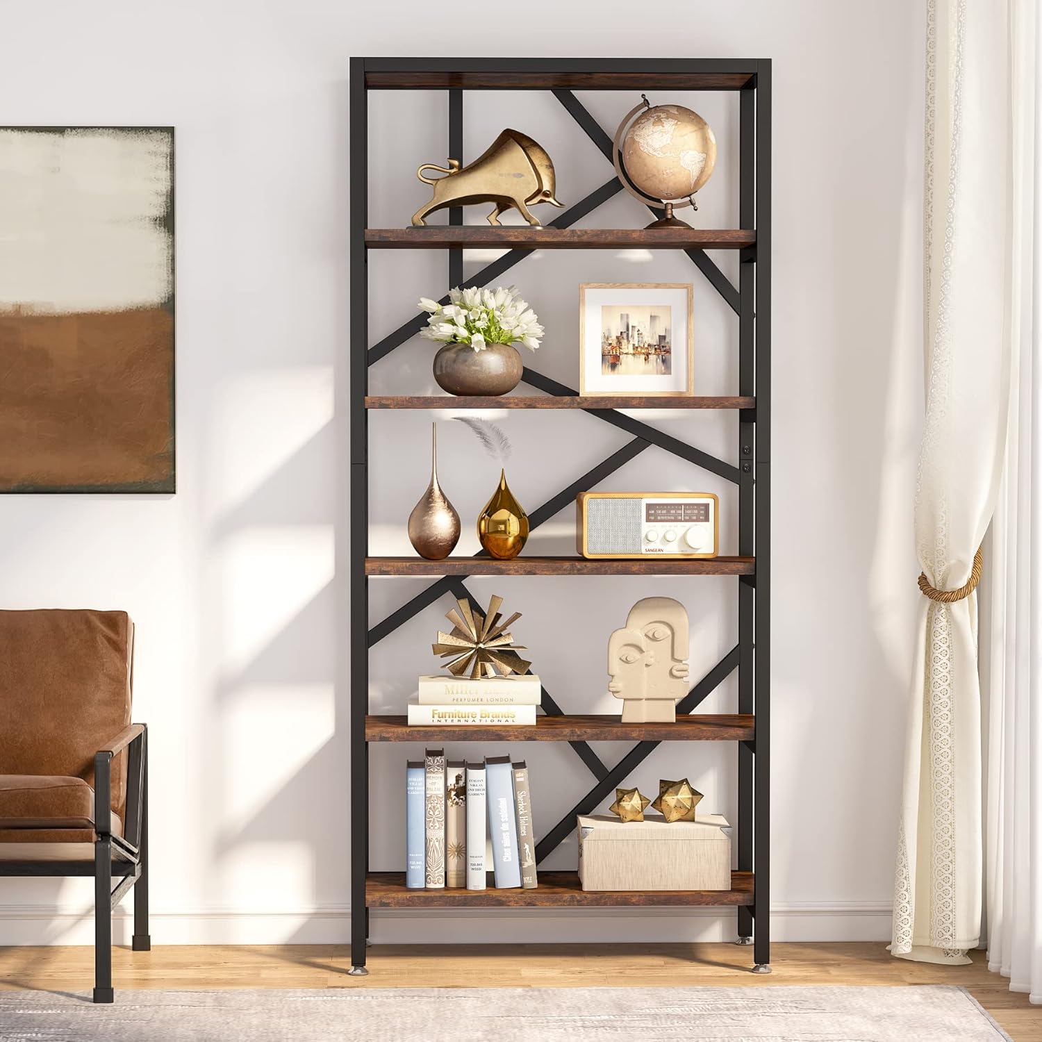 Tribesigns 71 Inch Industrial Bookshelf, 6 Shelf Etagere Bookcase, Free Standing Open Book Shelves Storage Display Shelf, Wood Shelving Units Organizer Rack for Bedroom Home Office Living Room - Image 9
